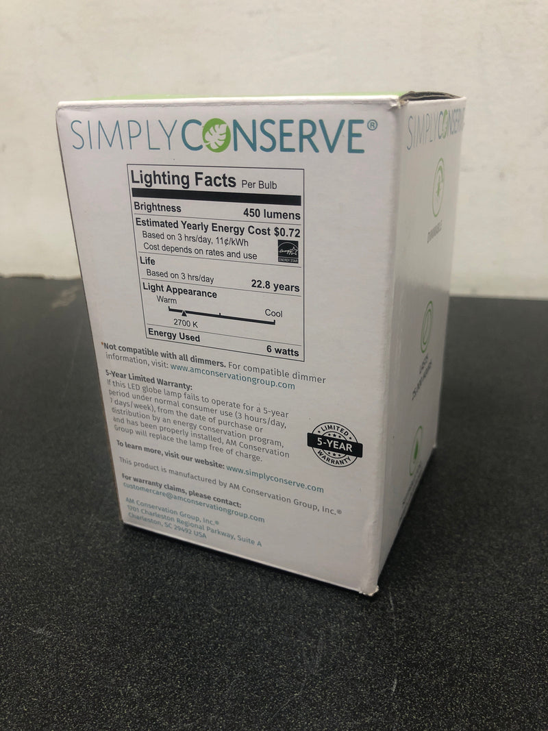 SIMPLY CONSERVE DECORATIVE GLOBE LED 6W (40W) WARM WHITE DIMMABLE BULB NEW NIB💡