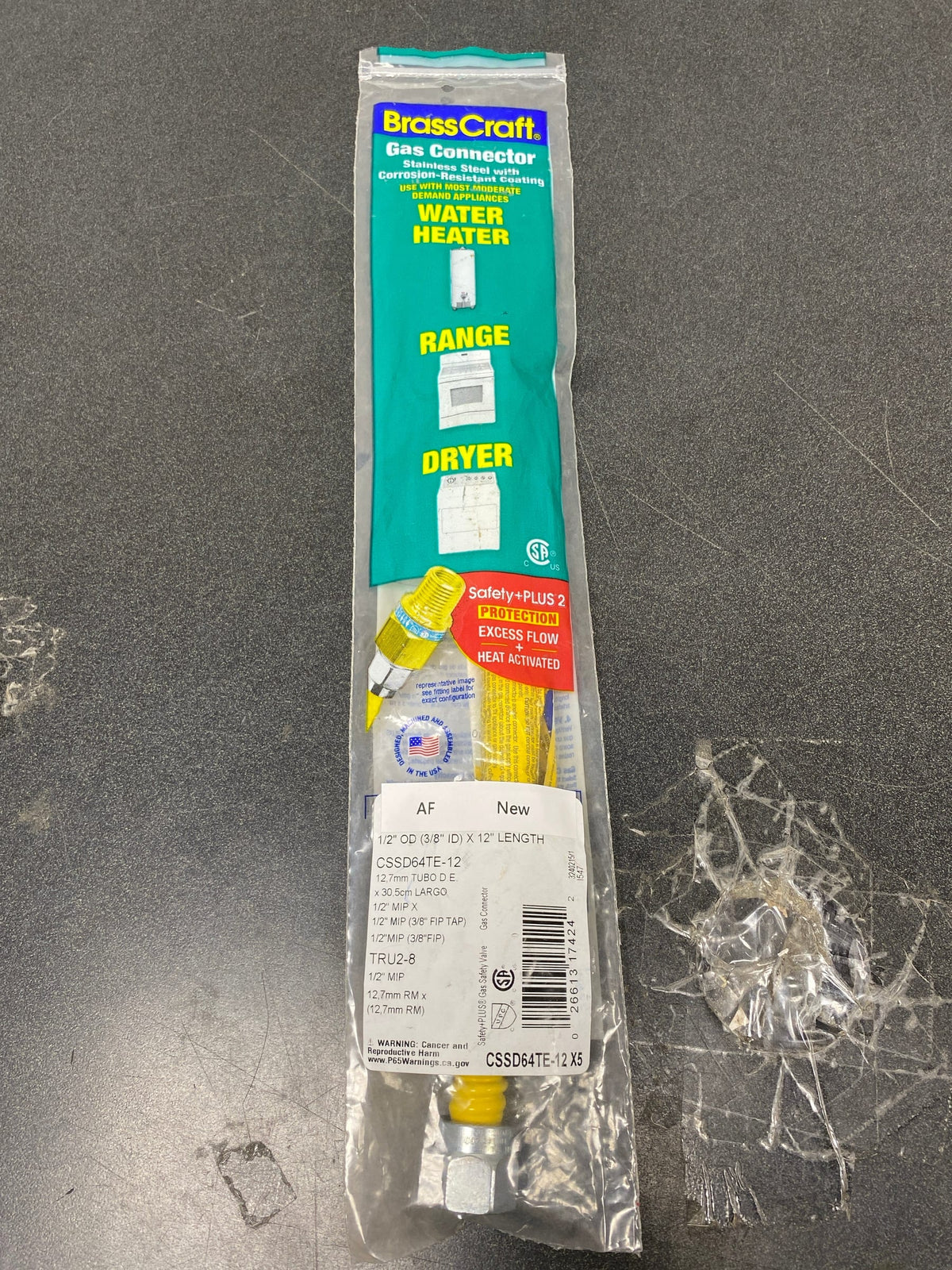 Brasscraft CSSD64TE-12 X5 1/2 in. MIP x 1/2 in. MIP x 12 in. Gas Connector (1/2 in. OD) w/Safety+Plus2 Thermal Excess Flow Valve (102,000 BTU)