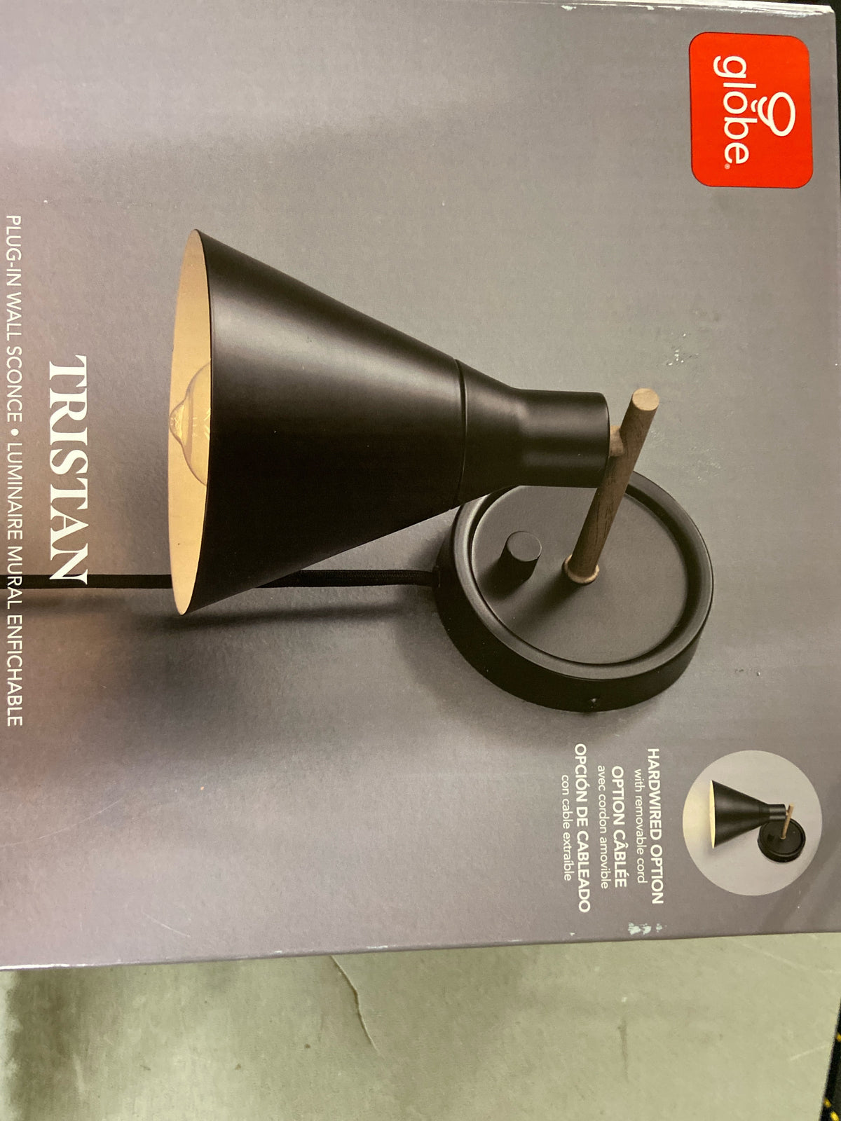 Globe electric 51725 Tristan 7.75 in. 1-Light Matte Black Wall Sconce Light Plug-In/Hardwire Faux Walnut Accent & Stepless Dimming for Indoor