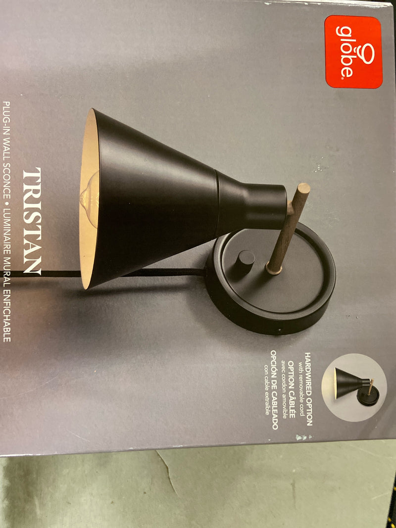 Globe electric 51725 Tristan 7.75 in. 1-Light Matte Black Wall Sconce Light Plug-In/Hardwire Faux Walnut Accent & Stepless Dimming for Indoor