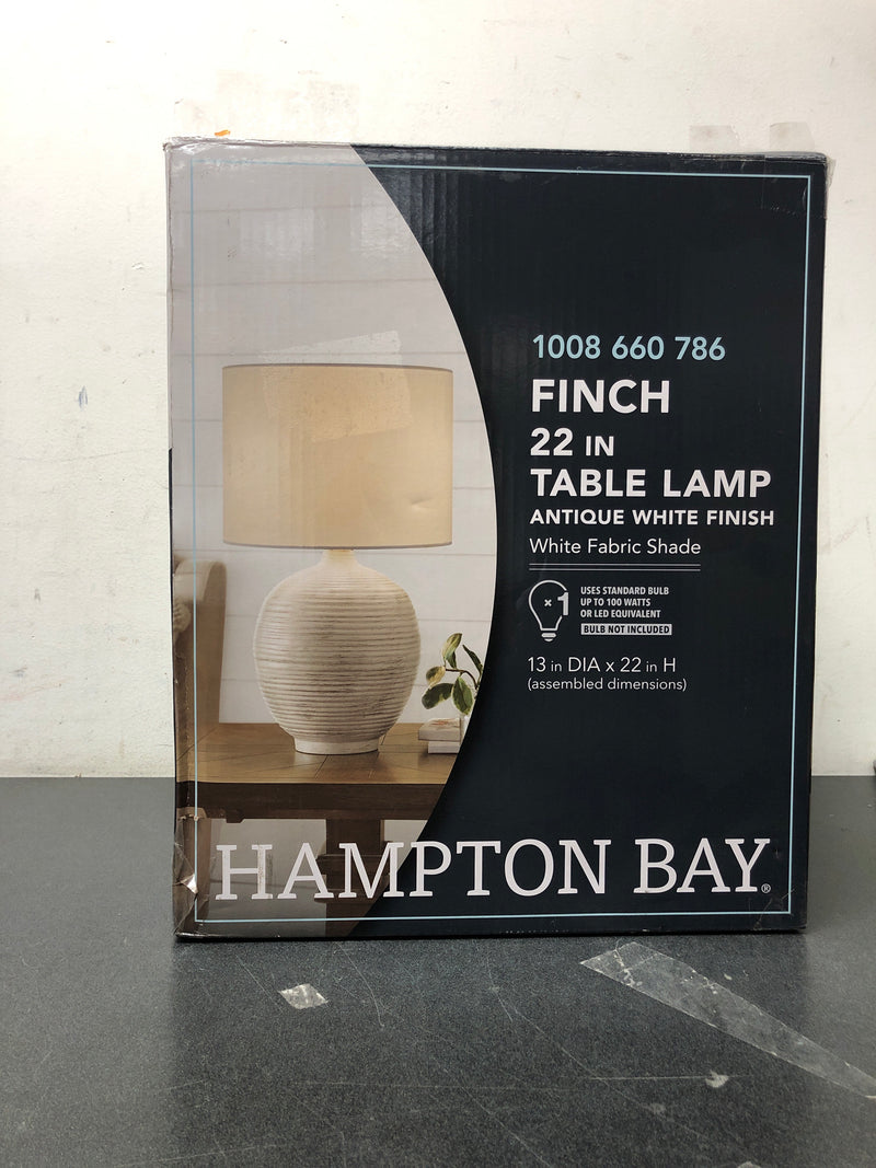 Hampton bay 24127-001 Finch 22 in. Distressed White Ribbed Table Lamp with White Linen Shade