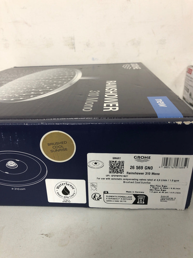 Grohe 26569GN0 Rainshower Mono 1.75 GPM Single Function Shower Head with DreamSpray, SpeedClean, and EcoJoy Technology - Brushed Cool Sunrise