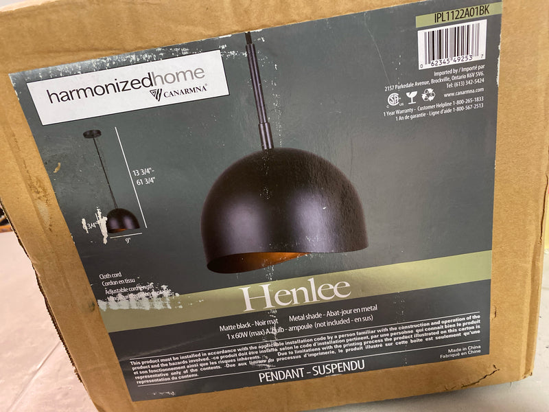 Canarm IPL1122A01BK Henlee 60-Watt 1 Light Matte Black Minimalist Pendant Light with Black Metal Shade