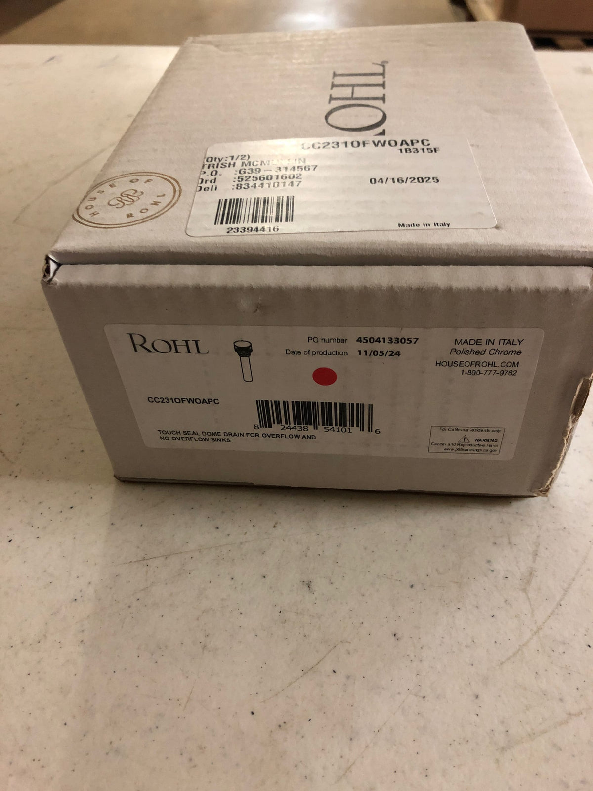 ROHL Touch Seal Dome Drain for Overflow and No-Overflow Sinks in Polished Chrome