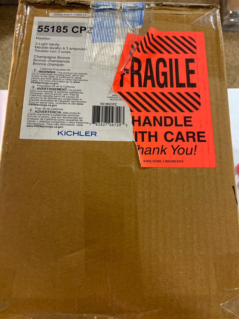 KICHLER Madden 3-Light Vanity with Clear Glass in Champagne Bronze, Sloped Ceiling Compatible, for Single Vanity in Bathroom (10.5" x 24"), 55185CPZ