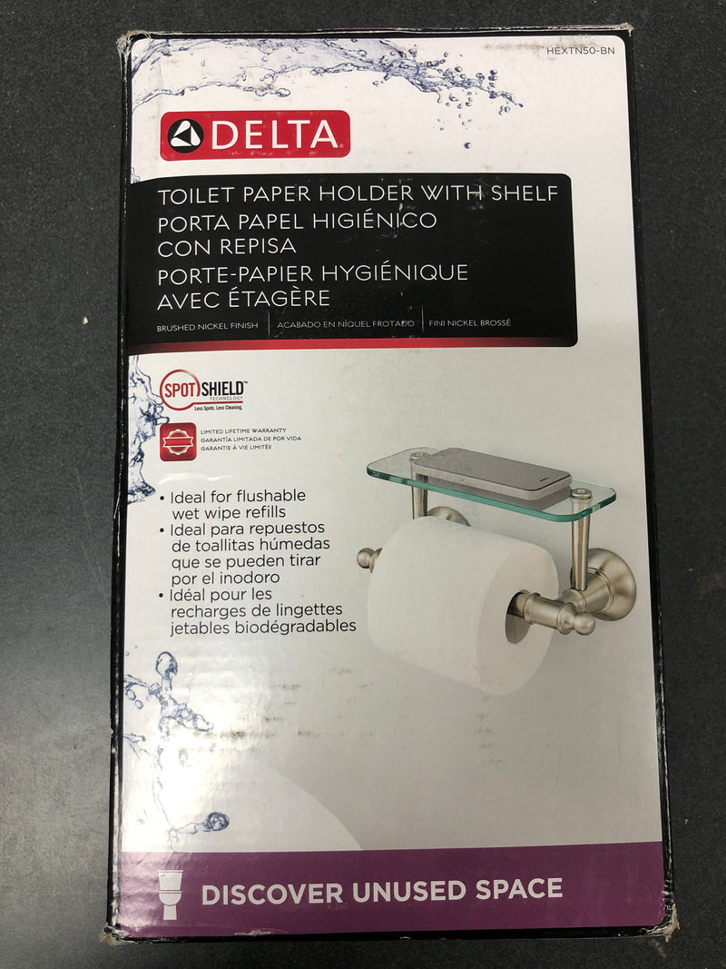 Delta HEXTN50-BN Hospitality Extensions Toilet Paper Holder with Glass Shelf for Phone Bath Hardware Accessory in Brushed Nickel
