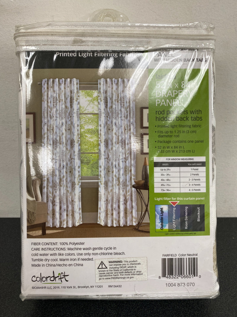 Colordrift CDBTNCL-107-400 Neutral Floral Polyester 52 in. W x 84 in. L Back Tab Room Darkening Curtain Panel