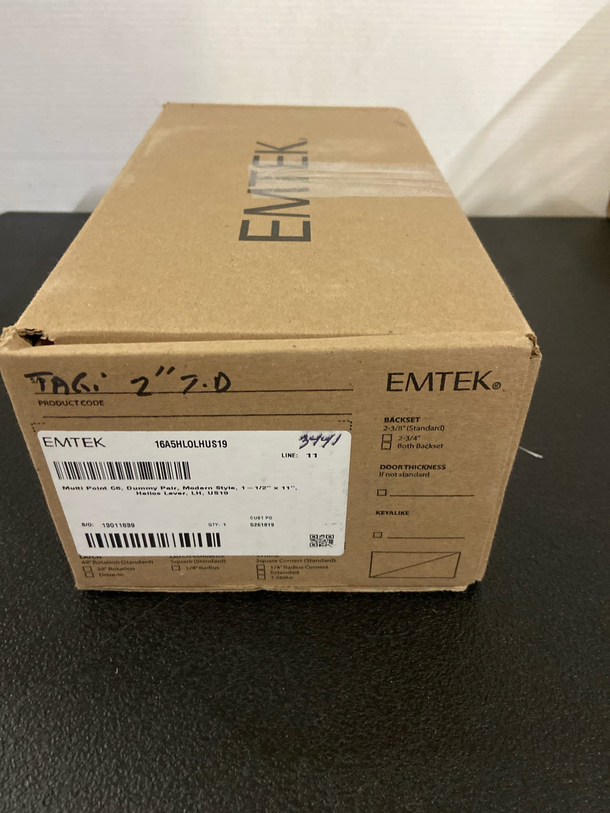Emtek 16A5US19 LH Brass Modern Door Configuration 6 Inactive Multi Point Narrow Trim Lever Set with American Cylinder Below Handle - Flat Black Helios Lever