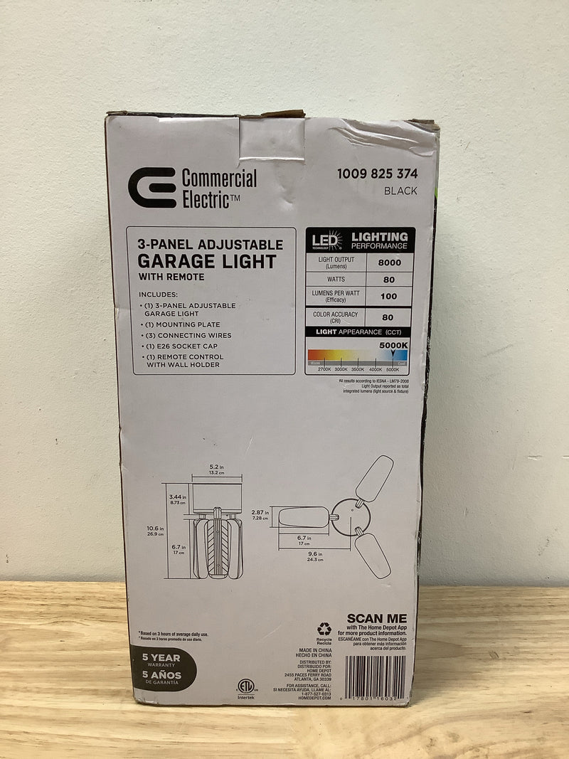 Commercial electric ADJC8KMMR5KHD 1.25 ft. 3-Head 8000 Lumens 400-Watt Equivalent Black Integrated LED Convertible Utility Garage Shop Light with Remote