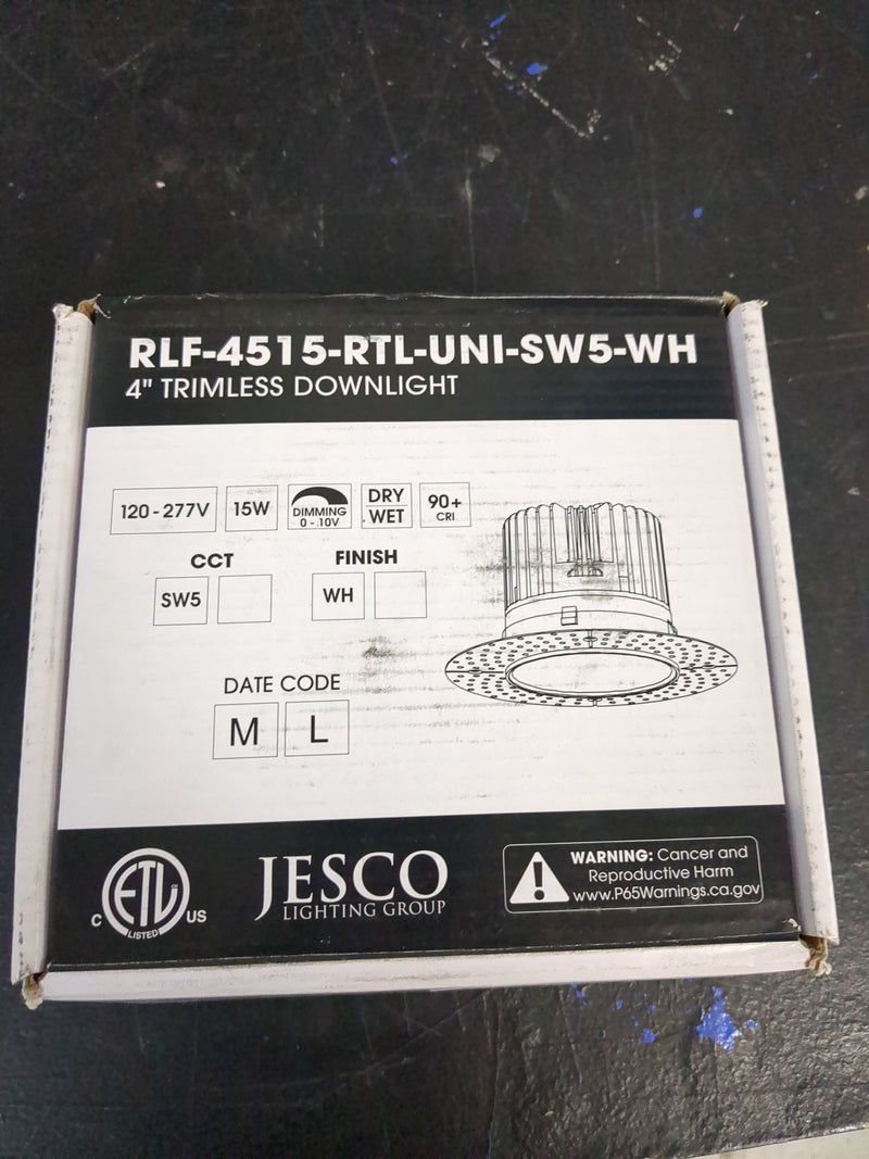 Jesco Lighting RLF-4515-RTL-UNI-SW5-WH RLF LED Canless Recessed Fixture with 4" Open Trims - IC Rated and Airtight - White