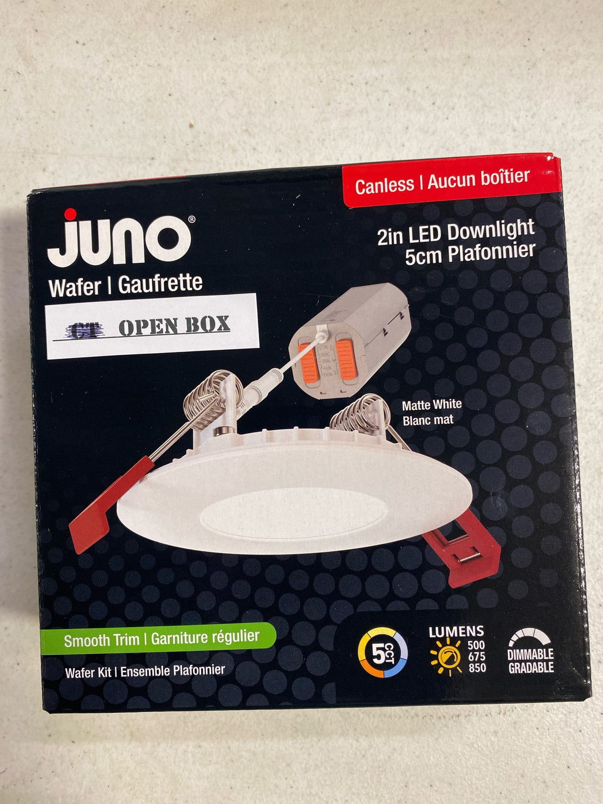 Juno Canless LED Wafer Light, Miniature Downlight, 5-in-1 Switchable White Color Temperature, Adjustable Brightness, Flat Smooth Trim, 2-Inch, White