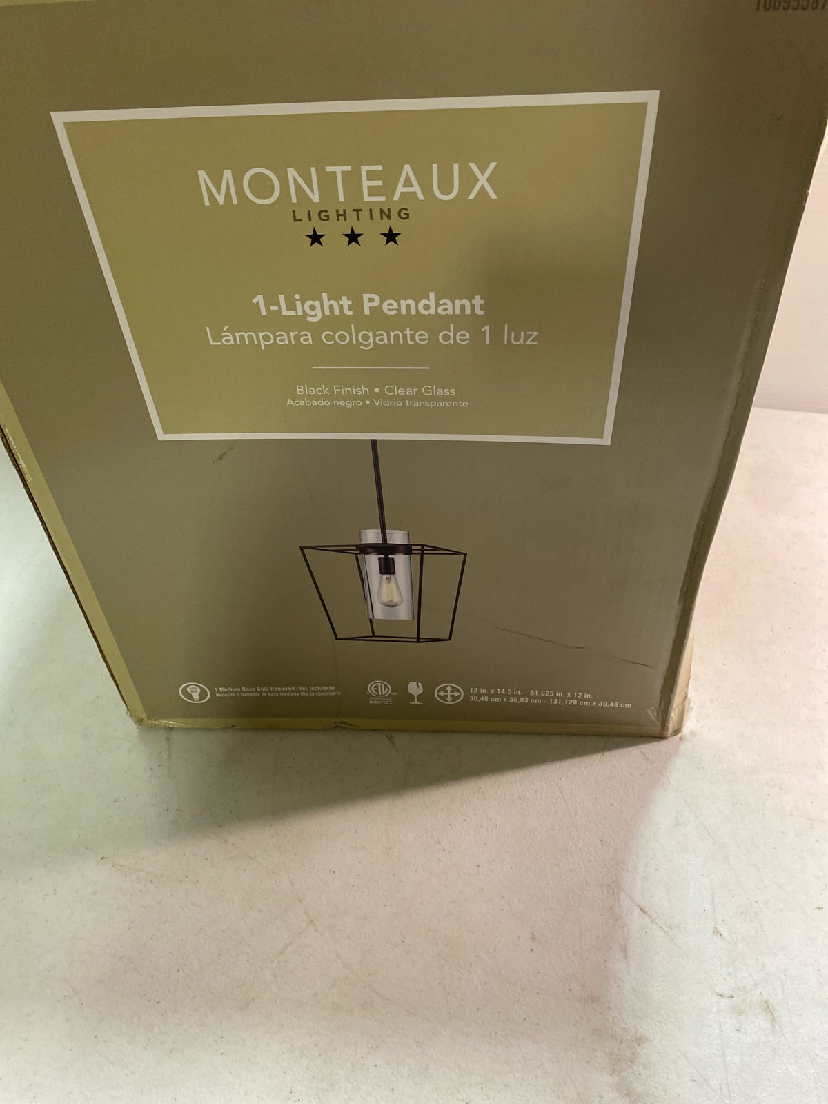 Monteaux lighting 11390 BK 12 in. 1-Light Black Pendant Light Fixture with Clear Glass Cylinder Shade