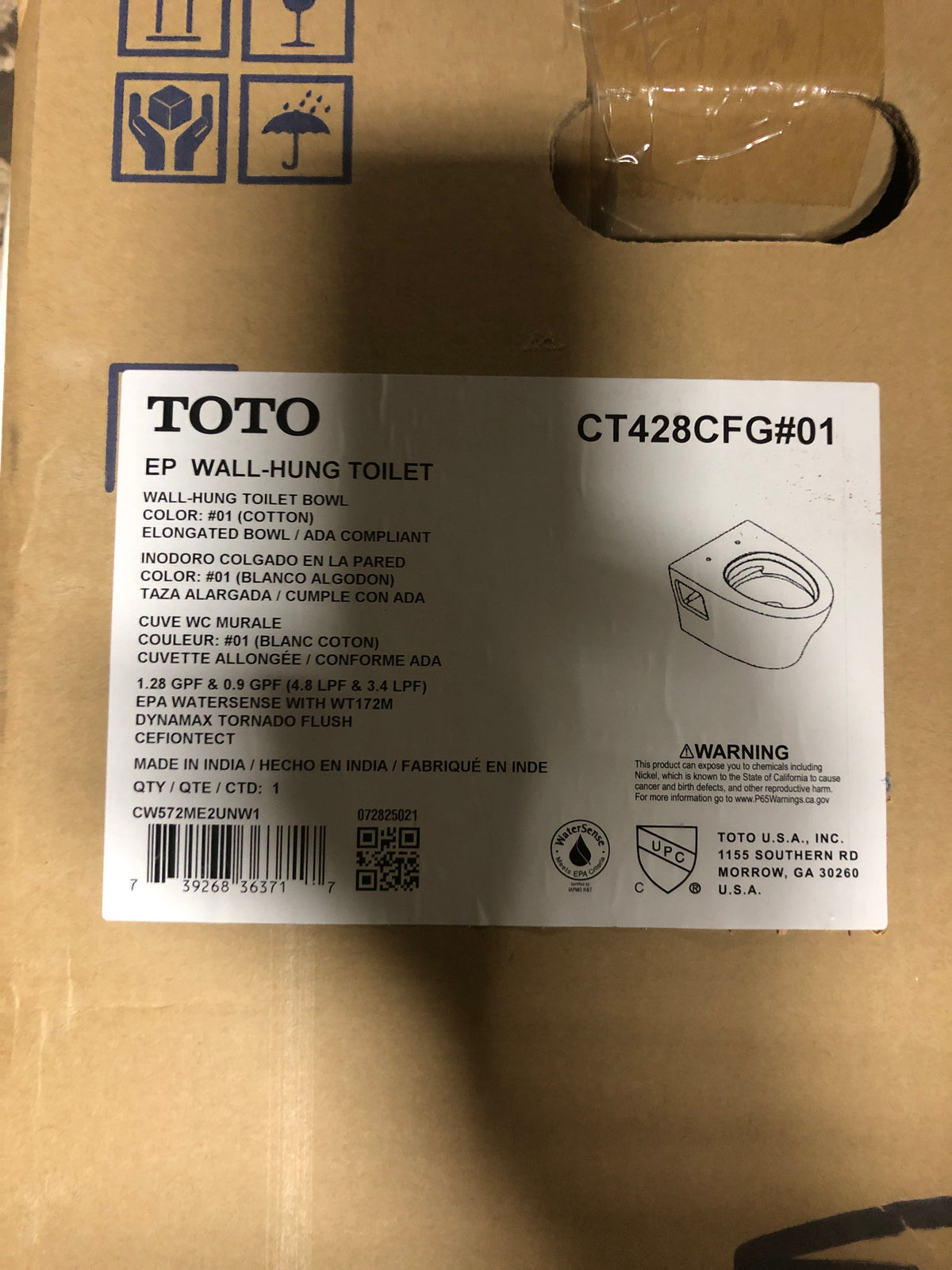TOTO CT428CFG#01 EP Wall Mounted Elongated Chair Height Toilet Bowl Only with Skirted Design and CeFiONtect - Less Seat - Cotton White