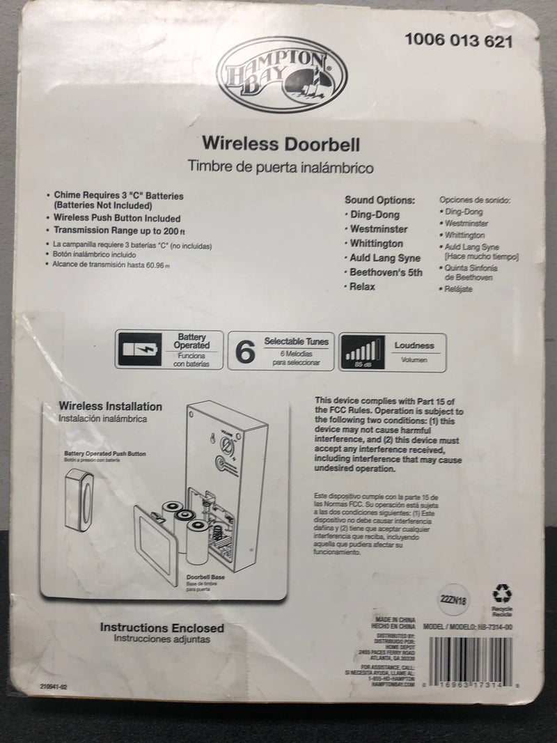 Hampton bay HB-7314-00 Wireless Battery Operated Doorbell Kit with Wireless Push Button, White and Nickel