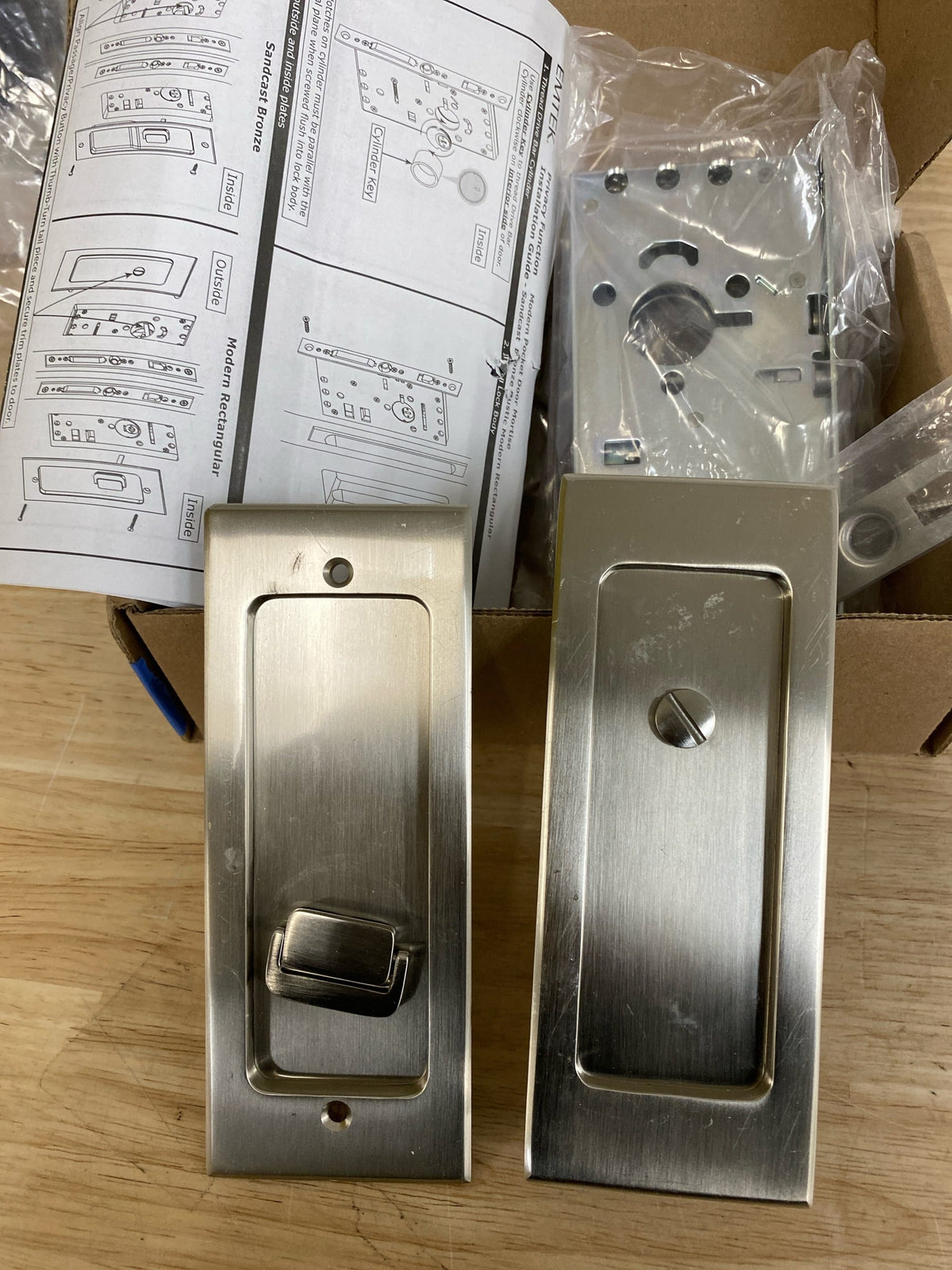 Emtek 2115US15158 Modern Rectangular 7-1/4 Inch Privacy Mortise Pocket Door Lock for 1-5/8" Thick Doors - Satin Nickel