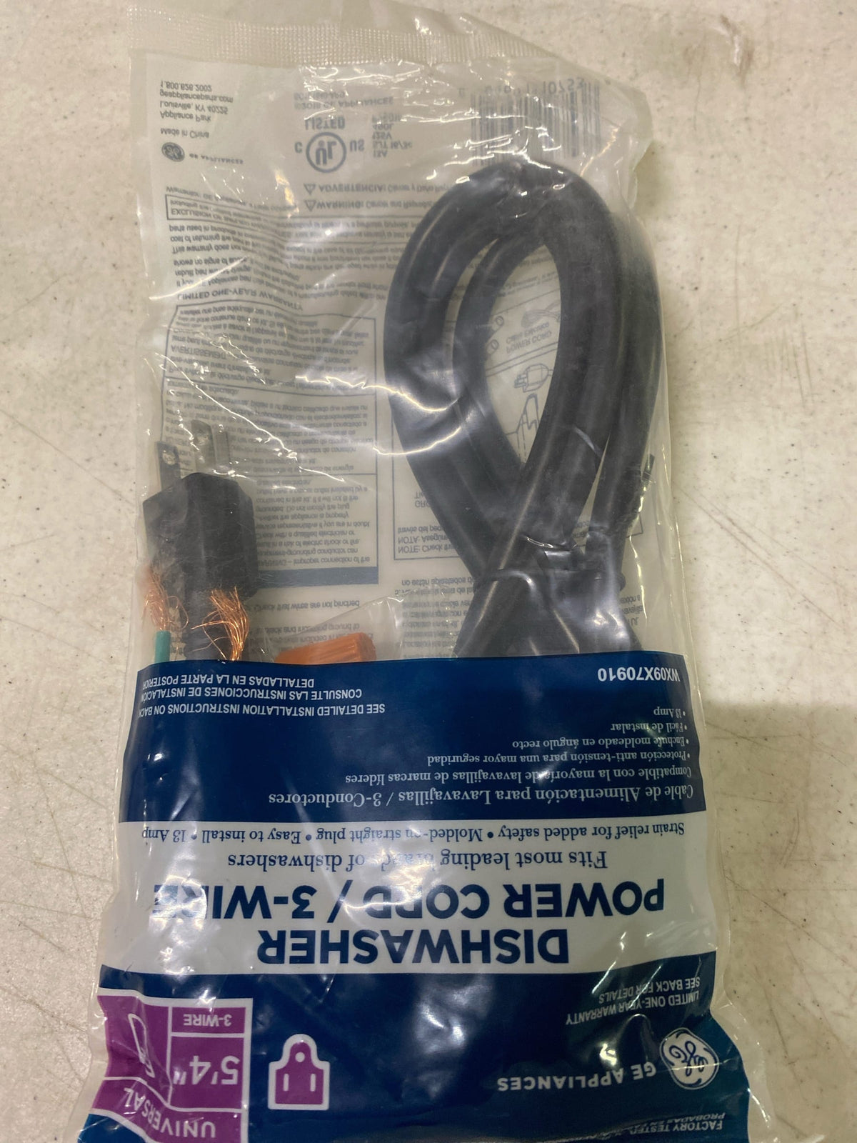 Ge WX09X70910 5.4 ft. 3-Prong Cord for Built-In Dishwashers