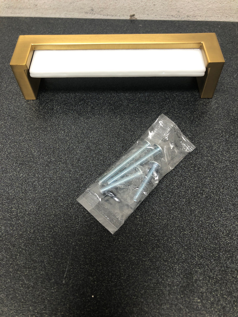 Sietto P-1801-SB Skyline 5 Inch Center to Center Handle Cabinet Pull with White Glass - Satin Brass