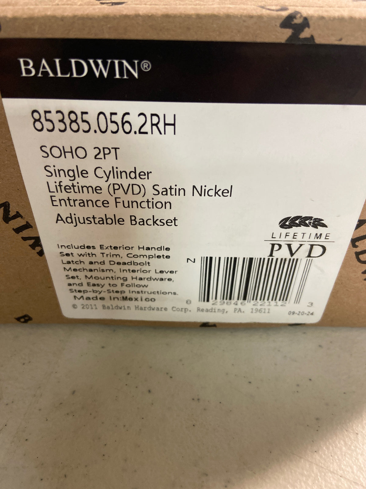 Baldwin 853850562RH Soho Right Handed Sectional Single Cylinder Keyed Entry Handleset with 5485V Interior Lever from the Estate Collection - Satin Nickel