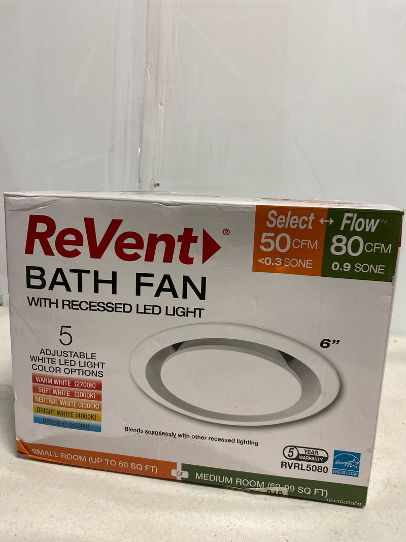 Revent RVRL5080 50-80 Adjustable CFM Easy Install Roomside Bathroom/Bath Exhaust Fan & Recessed Light w/5 Level LED Temp, ENERGY STAR