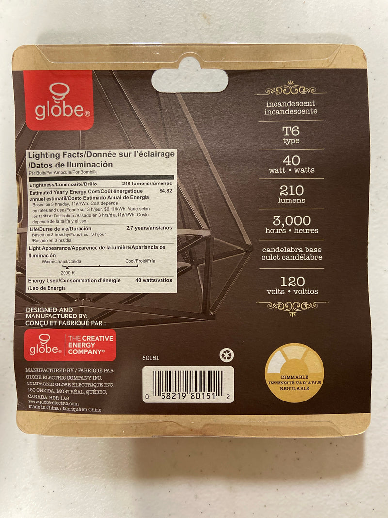 Globe Electric 40-Watt T6 Vintage Edison Incandescent Light Bulb (4-Pack)-80151