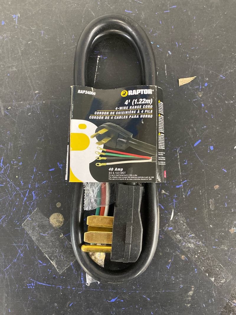 Raptor Tools RAP34006 40 Amp 4 ft. 8/2 and 10/2 SRDT 125V Range Cord - Black