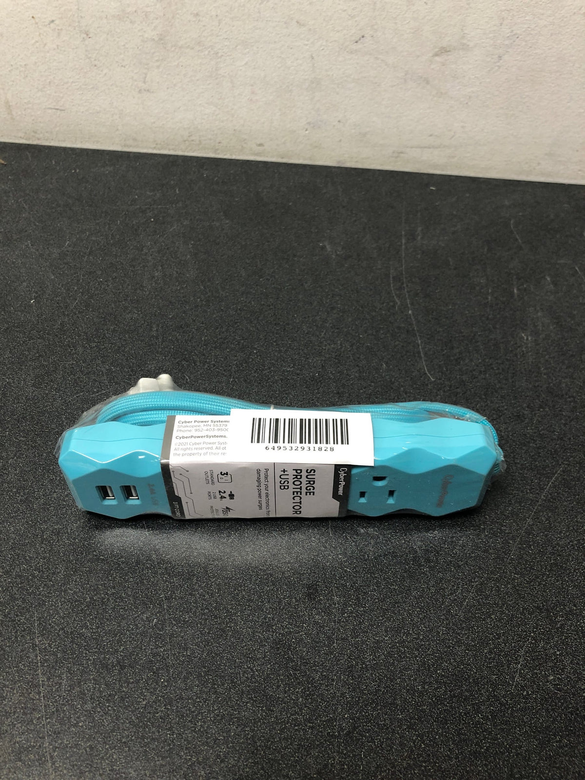 CyberPower 3 ft. 3-Outlet 2-USB Surge Protector, Turquoise Blue-New