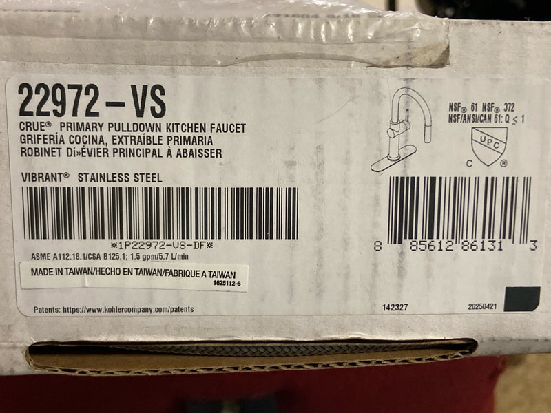 Kohler K-22972-VS Crue 1.5 GPM Single Hole Pull Down Kitchen Faucet - Includes Escutcheon - Vibrant Stainless