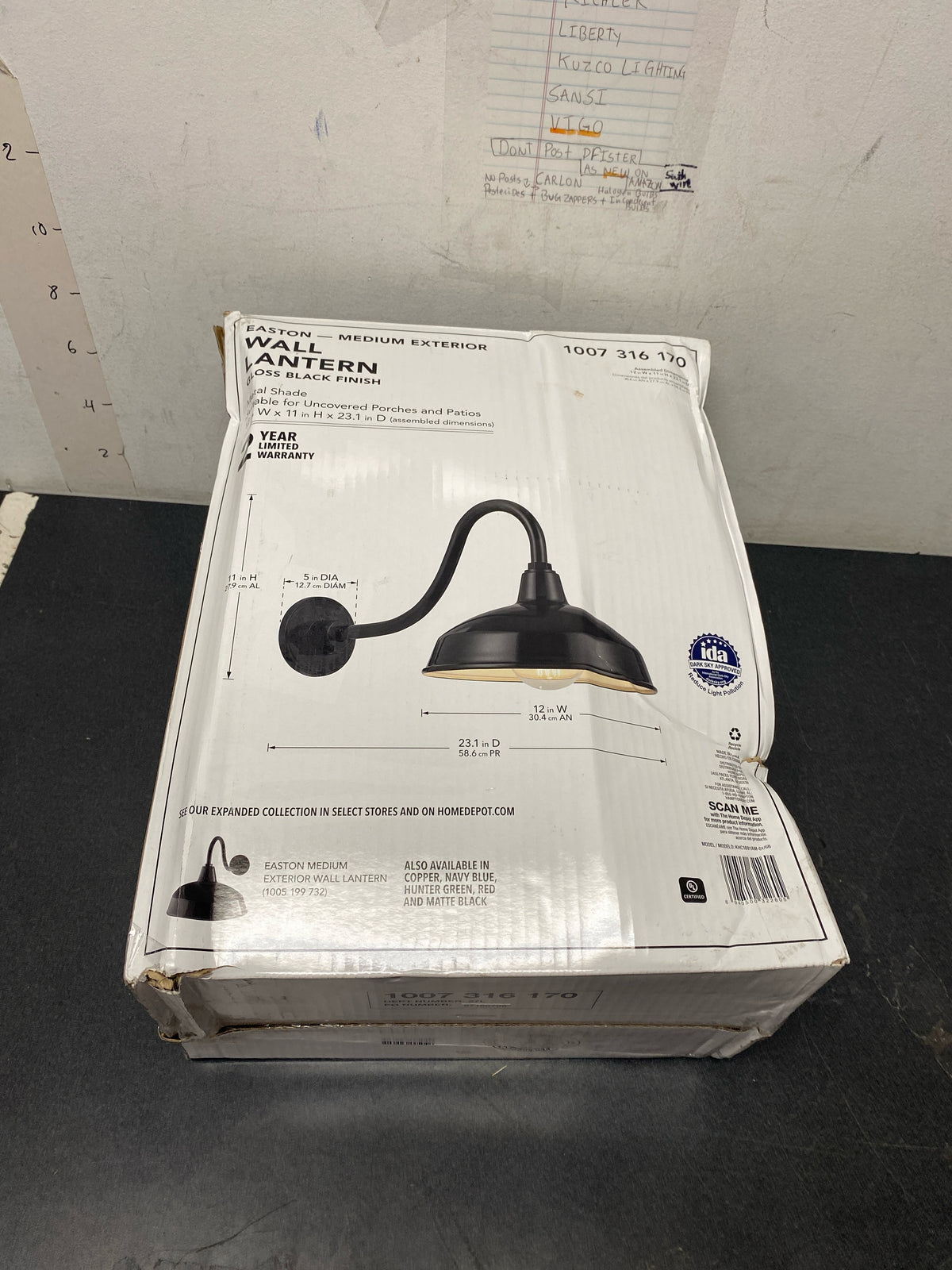 Hampton bay KHC1691AM-01/GB Easton 11 in. 1-Light Glossy Black Barn Outdoor Wall Light Lantern Sconce with Steel Shade