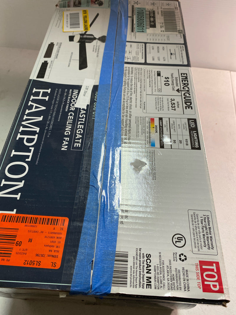 Hampton bay 52192 Castlegate 44 in. Indoor Integrated LED Matte Black Ceiling Fan with 3 Reversible Blades, Light Kit and Remote Control