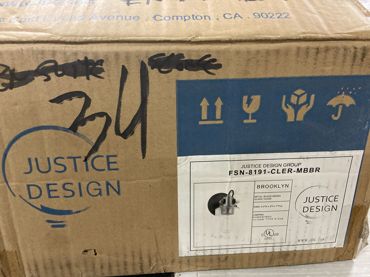 Justice Design Group FSN-8191-CLER-MBBR Brooklyn 9" Tall Bathroom Sconce with Clear Glass Shade - Matte Black / Brass