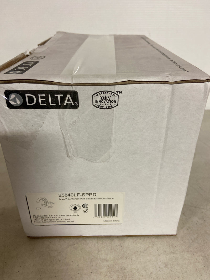 Delta 25840LF-SPPD Arvo 1.2 GPM Centerset Bathroom Faucet with Pull Down Spout and Push Pop-Up Drain Assembly - SpotShield Brushed Nickel