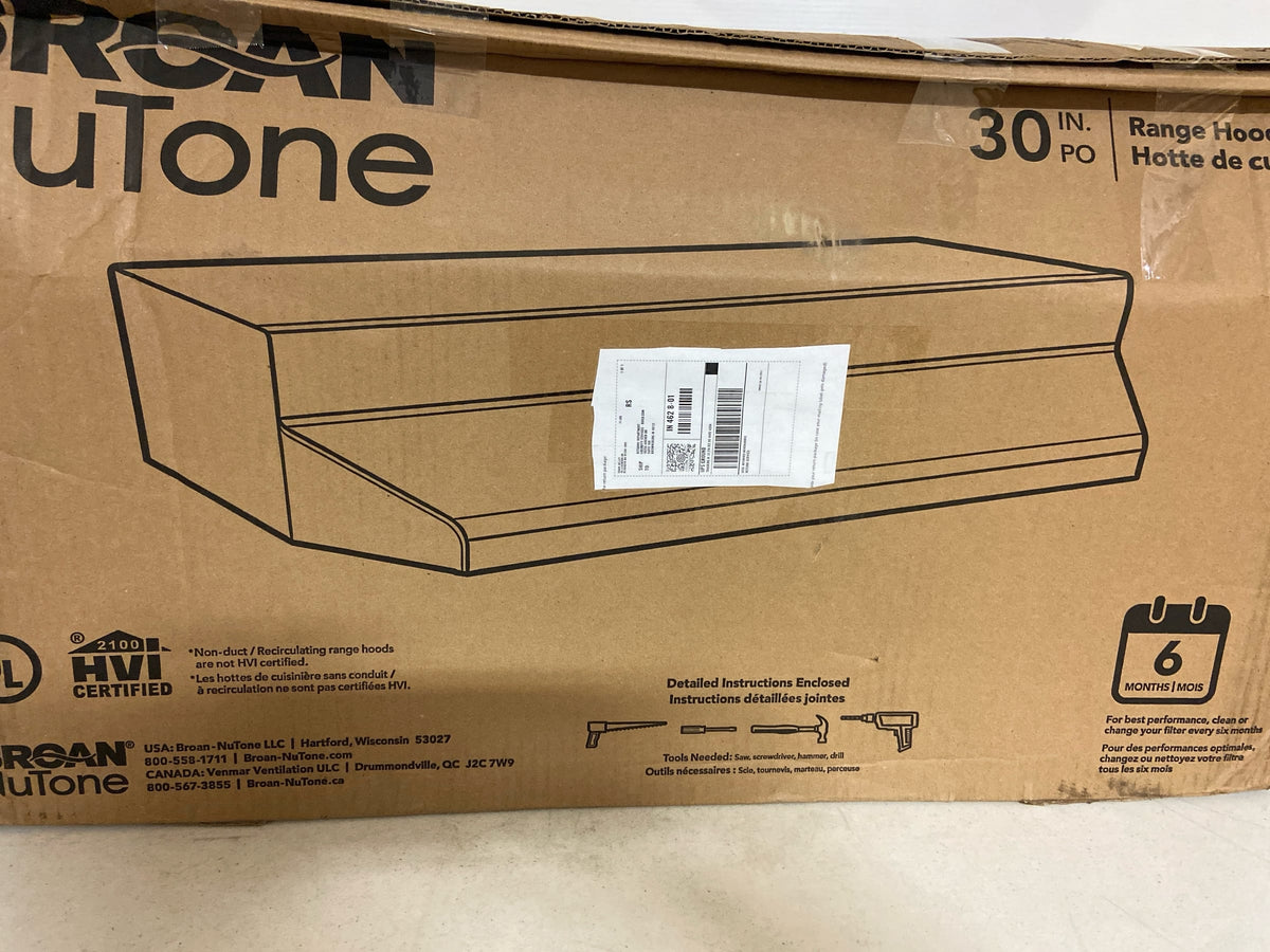 Broan 30" Range Hood, Non-ducted, 2-Speed Rocker, Light with Print Guard