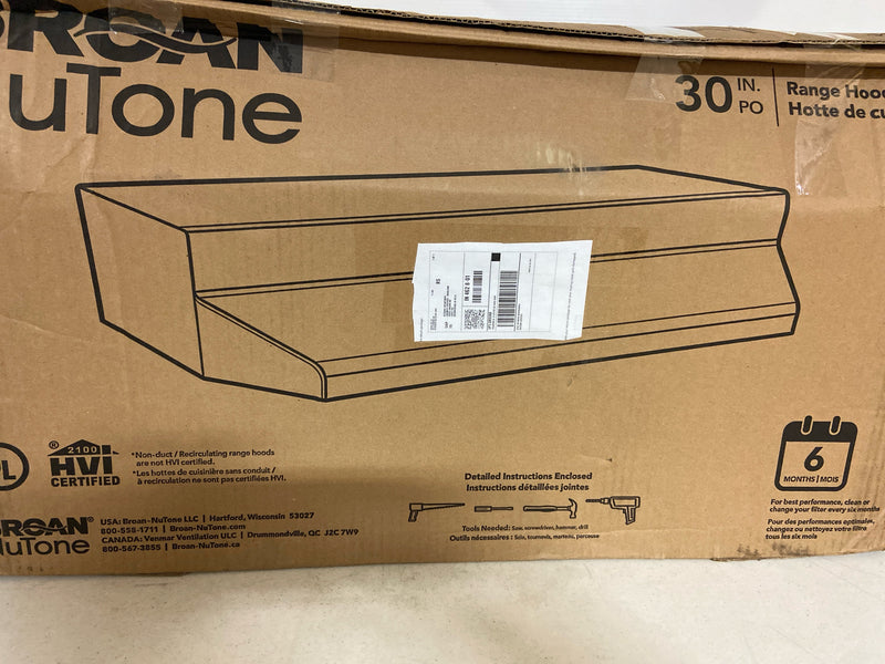 Broan 30" Range Hood, Non-ducted, 2-Speed Rocker, Light with Print Guard