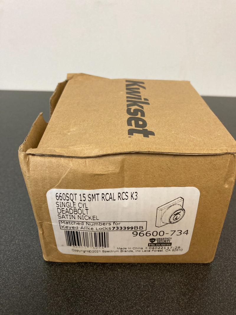 Kwikset 660 Contemporary Satin Nickel Square Single-Cylinder Deadbolt Featuring SmartKey Security-660SQT15SMTRCK3