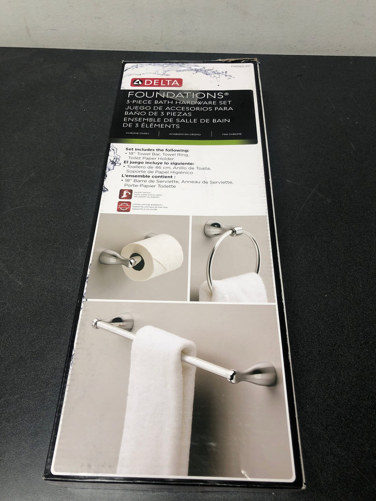 Delta FND63-PC Foundations 3-Piece Bath Hardware Set with 18 in. Towel Bar, Toilet Paper Holder, Towel Ring in Polished Chrome