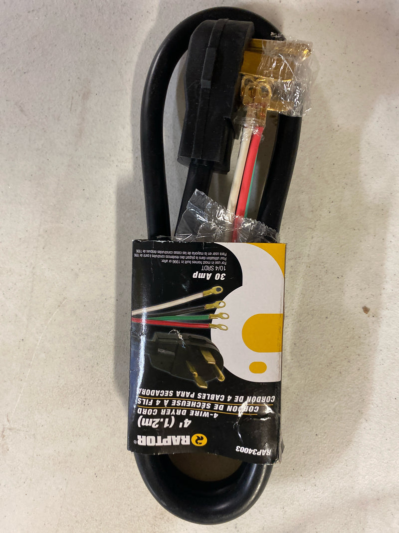 Raptor Tools RAP34003 30 Amp 4 ft. 10/4 SRDT 125/250V Dryer Cord - Black