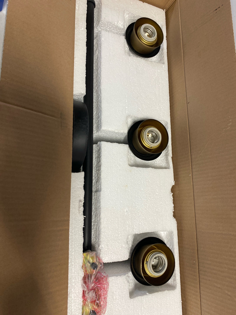 Globe electric 51853 Harrow 26.3 in. 3-Light Dark Bronze Vanity Light with Antique Brass Accents and Clear Glass Shades for Bathroom