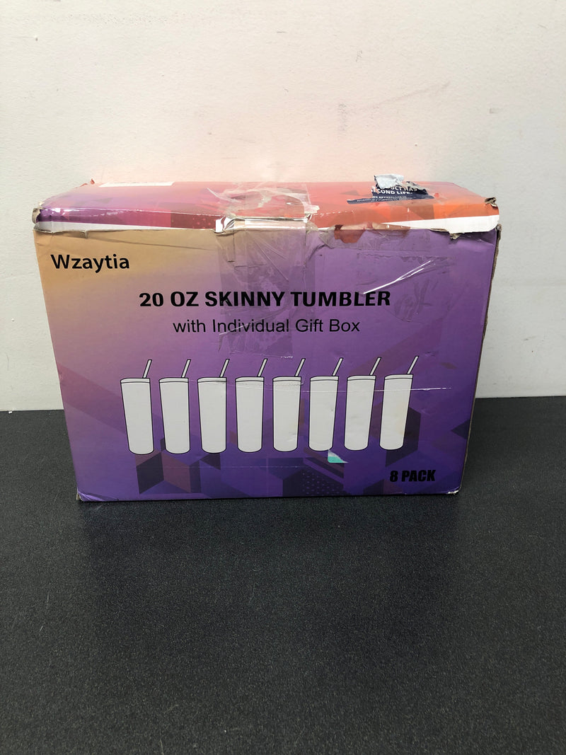 Wzaytia 8 Pack 20 Oz Straight Skinny Tumblers, Individually Gift Boxed Stainless Steel Slim Skinny Tumbler Set Bulk, 20 Oz Insulated Slim Thin Travel Tumbler Cup for Diy, Silver