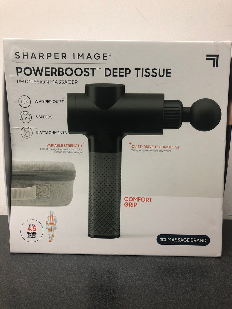 Sharper image powerboost deep tissue percussion massage gun, 5 interchangeable attachments, black