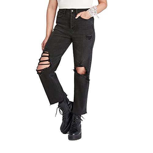 Wild Fable Women's Super-High Rise Distressed Straight Jeans - (as1, Numeric, Numeric_6, Regular, Regular, Black, 6)