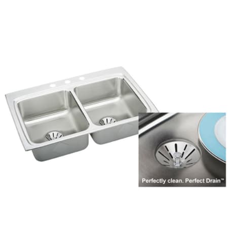 Elkay LR3322PD4 Gourmet 33" Double Basin 18-Gauge Stainless Steel Kitchen Sink for Drop In Installations with 50/50 Split - Perfect Drain Assemblies Included - 4 Faucet Holes