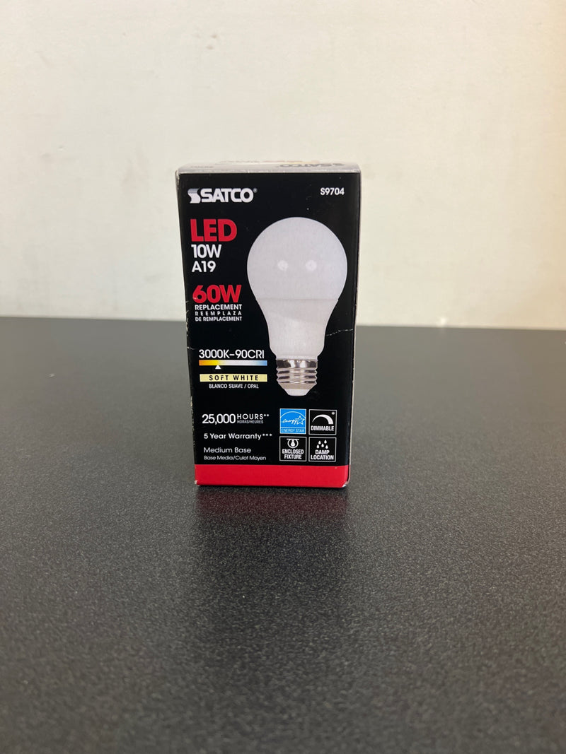 Satco Lighting S9704 Single 10 Watt Medium (E26) A19 LED Bulb - 3000K 800 Lumens - White