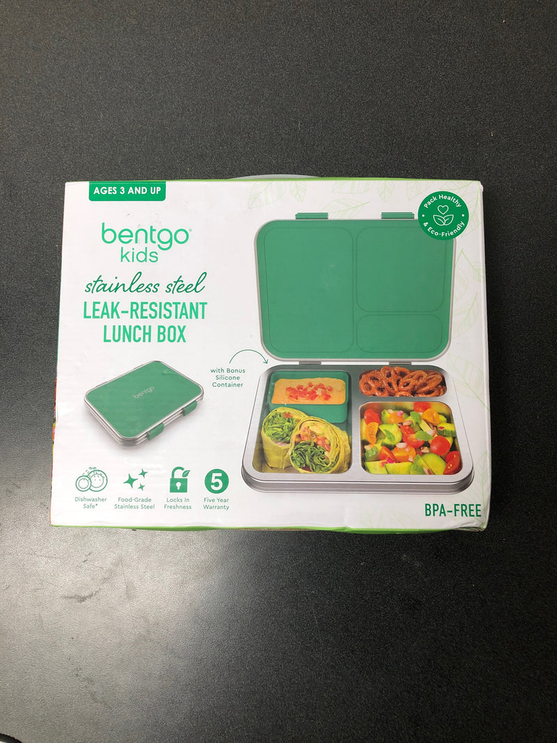 Bentgo kids stainless steel leak-resistant lunch box - bento-style, 3 compartments, and bonus silicone container for meals on-the-go - eco-friendly, dishwasher safe, bpa-free (green)