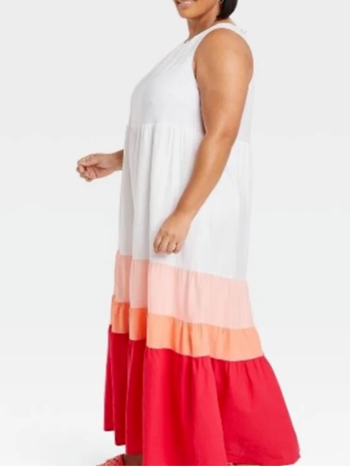 Women's Plus Size Sleeveless Colorblock Tiered Dress w/ Pockets - Ava & Viv 1X