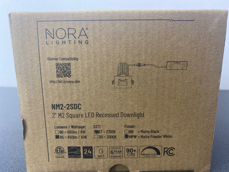 Nora Lighting NM2-2SDC8527MPW M2 LED Canless Recessed Fixture 2" Square Trim - IC Rated and Airtight - 2700K - 850 Lumens - Matte Powder White