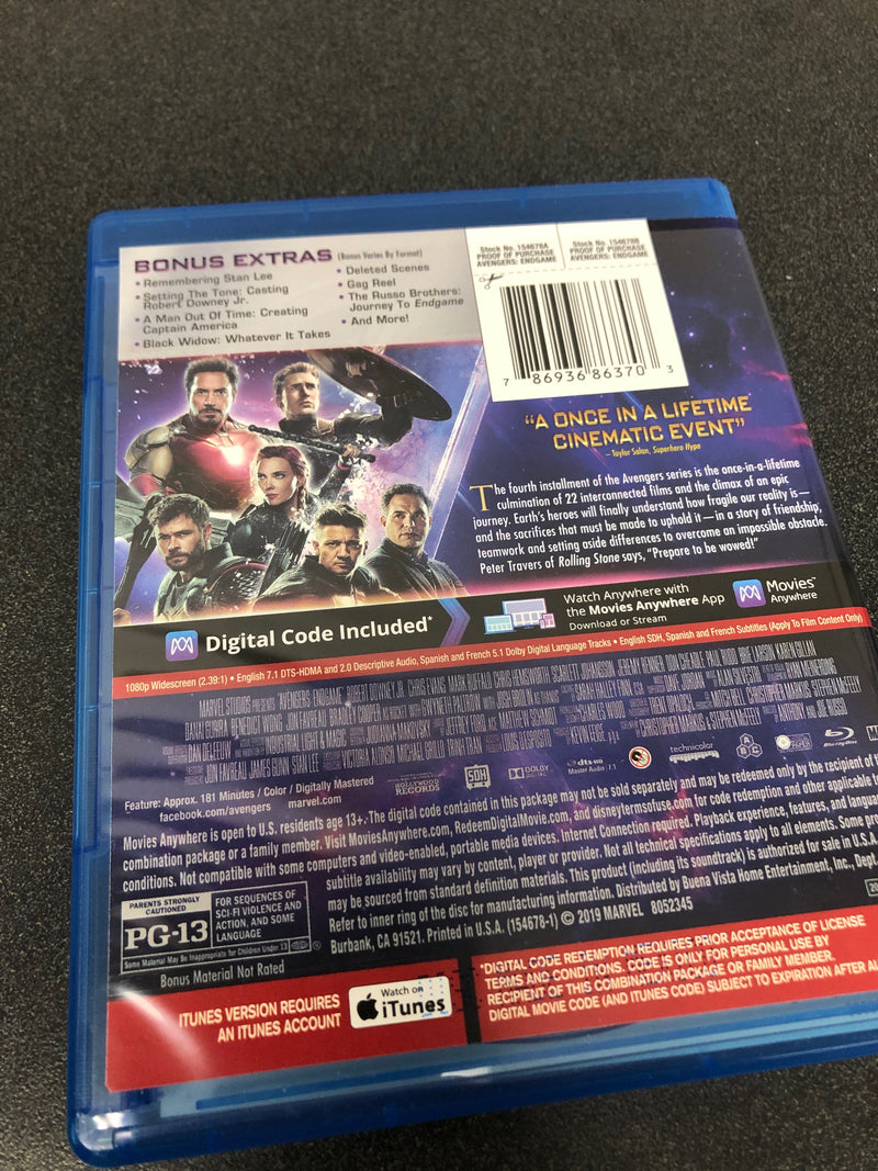 Avengers endgame (blu-ray + digital)