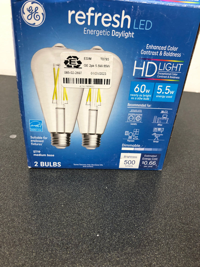Ge refresh hd led light bulbs, 60 watt, daylight, st19 edison bulbs, medium base, clear finish, 2pk
