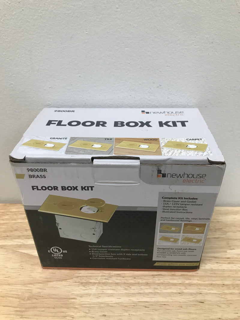 Newhouse electric 9800BR Floor Box Kit with Screw Caps, Electrical Box for Wood Sub-Flooring with 15A TR Duplex Receptacle, Brass