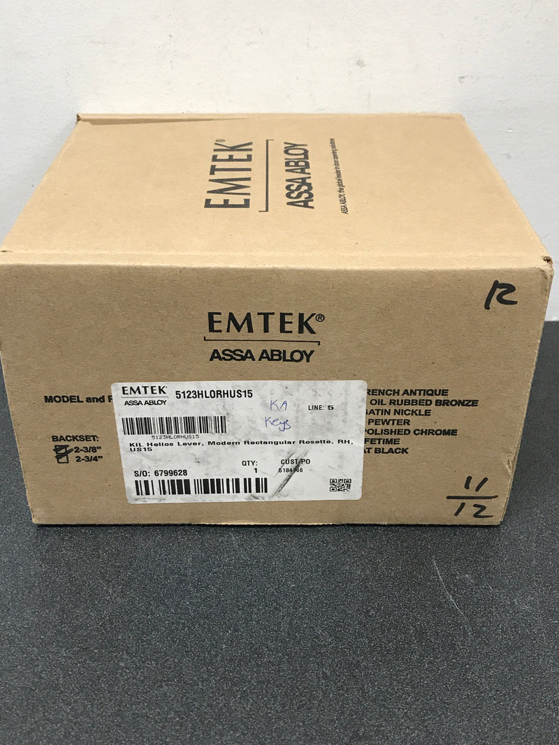 Emtek 5123HLOUS15RH Helios Right Handed Single Cylinder Keyed Entry Door Lever Set with Modern Rectangular Rose - Satin Nickel