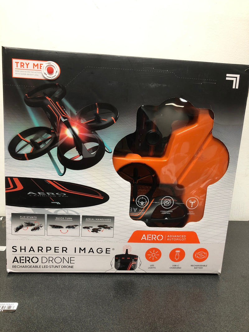 Sharper image aero drone, rechargeable led stunt drone, built-in led lights, age 14+, orange